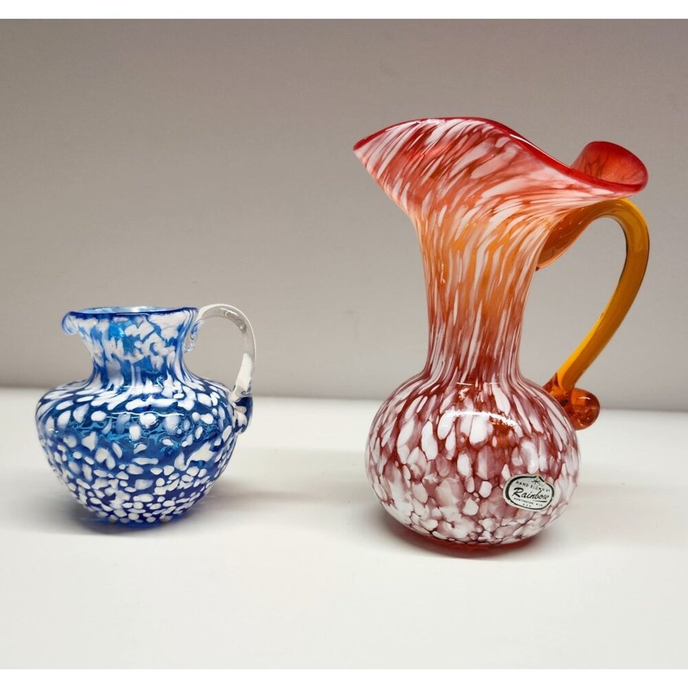 Blown Glass Orange Blue White Speckle Pitcher Vases Rainbow Glass - Picture 1 of 11